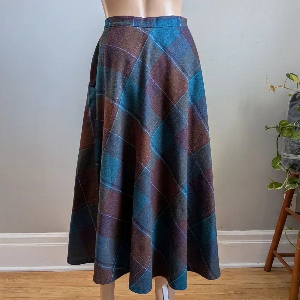Vintage 90s Avon Fashions Plaid Wool Blend Midi Skirt Dark Academia Preppy 7/8